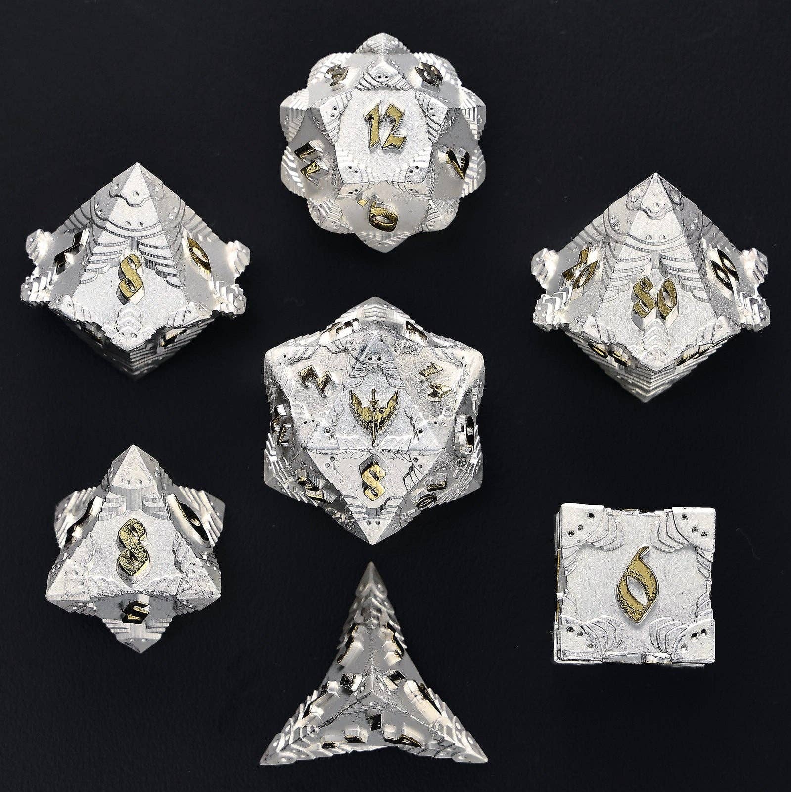 Solid Metal Paladin Class RPG Dice Set - Matte Silver w/Gold