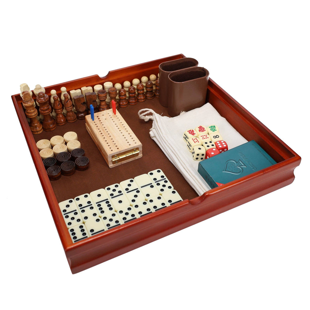 7-in-1 Combination Wood Game Set with walnut board and multiple game pieces