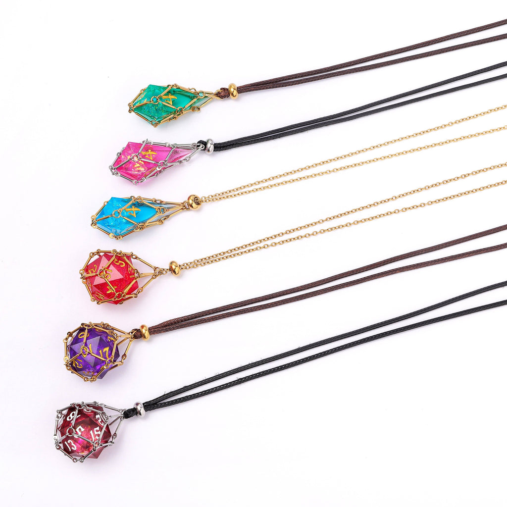 Mysticage Dice Chain Necklace with D4 - Brown Leather Chain