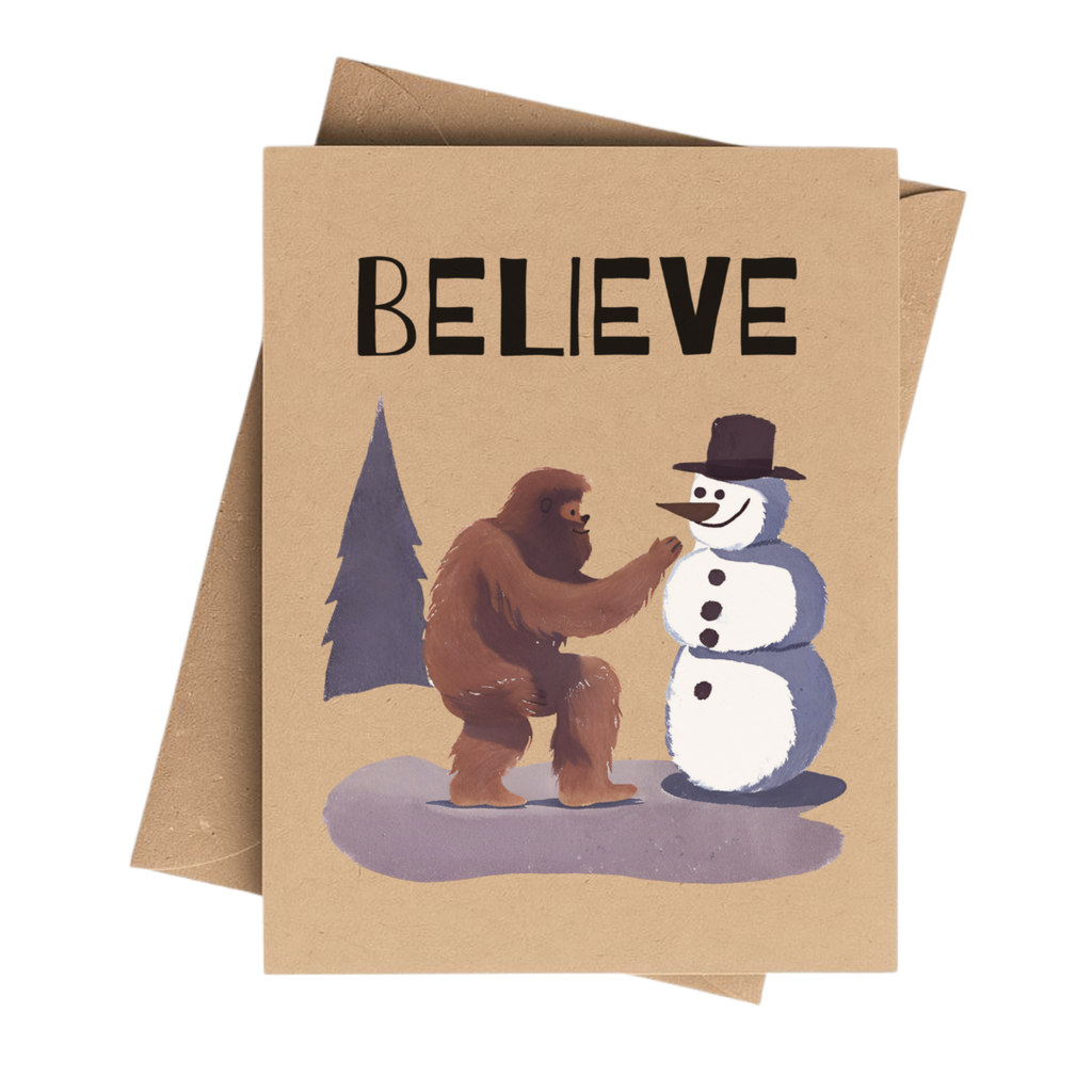 Believe Bigfoot Snowman Brown Kraft Paper Christmas Card