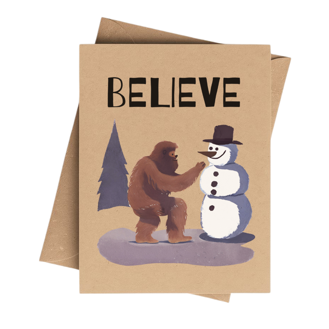 Believe Bigfoot Snowman Brown Kraft Paper Christmas Card