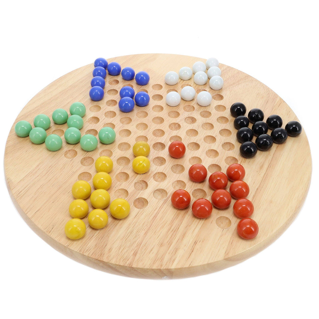 Wood Chinese Checkers set with 11.5 inch round board and 60 glass marbles