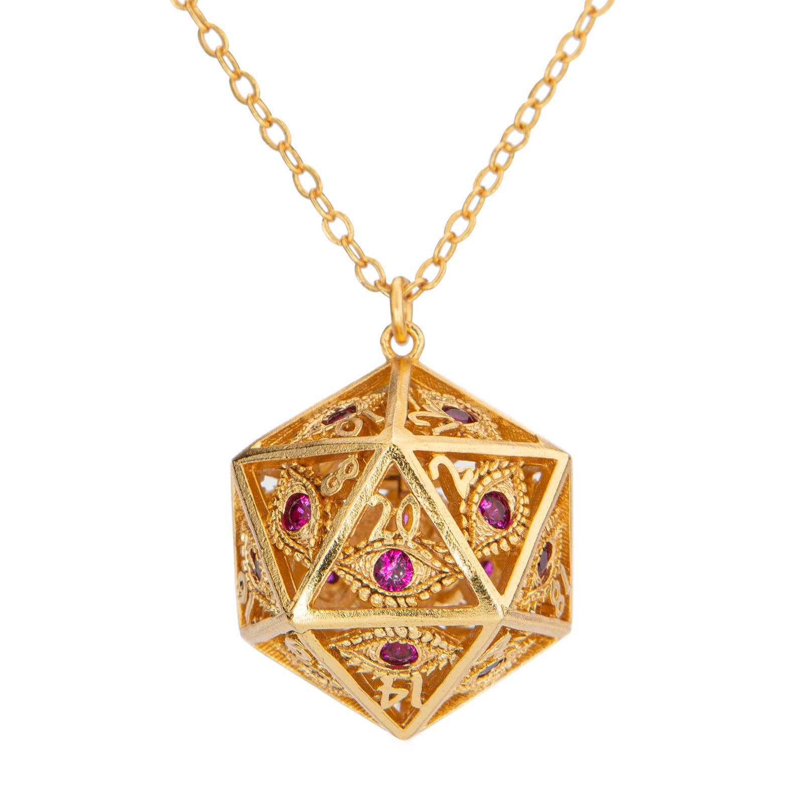 Dragon's Eye D20 Necklace - Gold with Ruby Gems