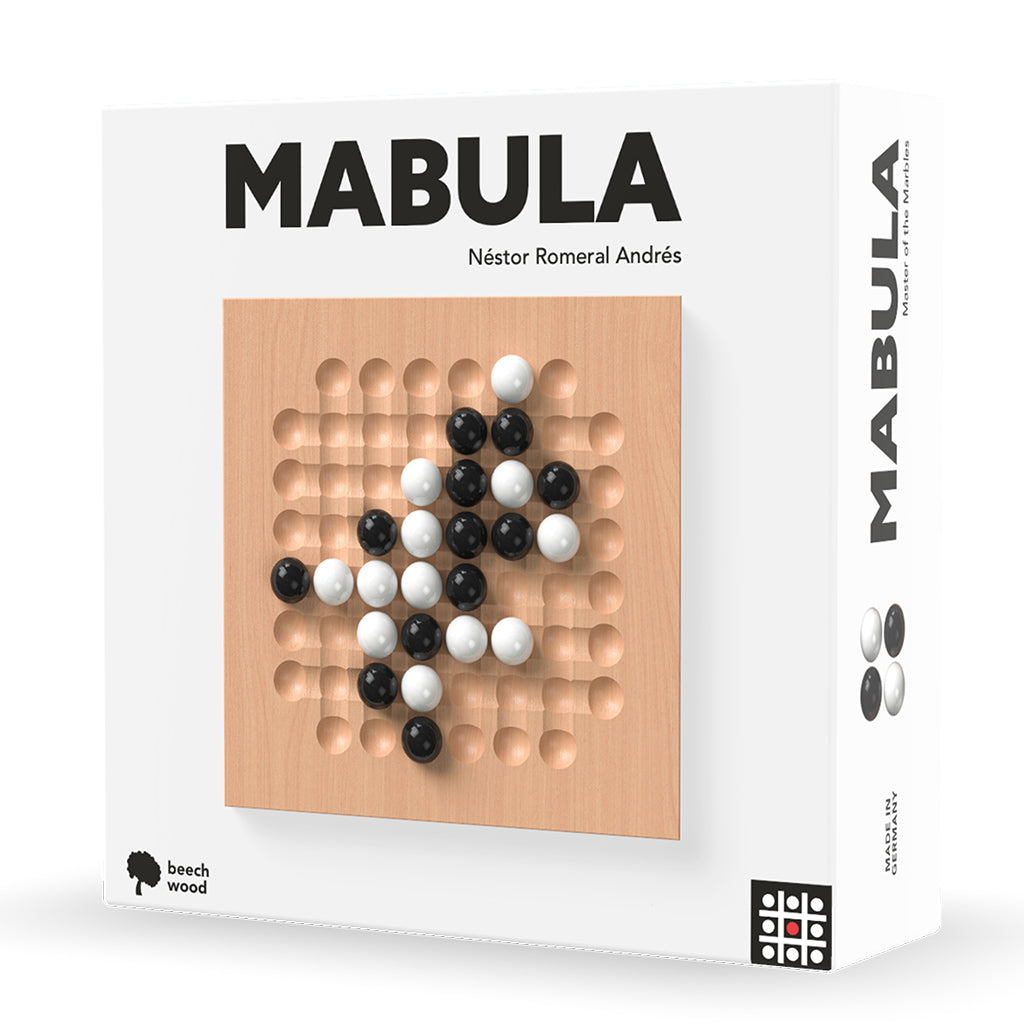 Mabula abstract strategy game with wooden board, glass marbles, and cloth bag