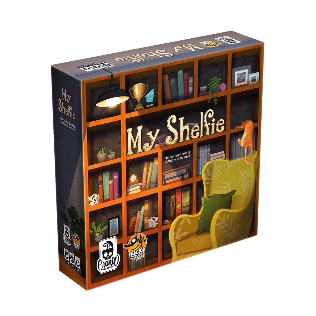 My Shelfie board game with bookshelf items like books, boardgames, and portraits