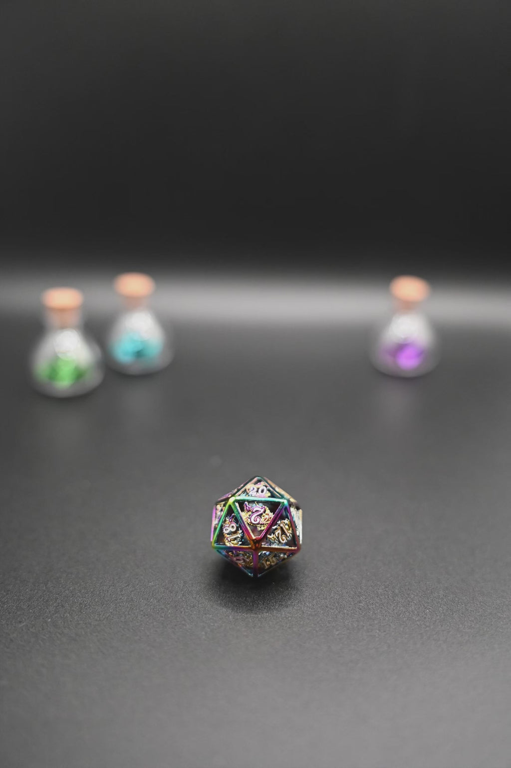 Hollow Dragon Polyhedral Dice Set Filled With Gems - Rainbow