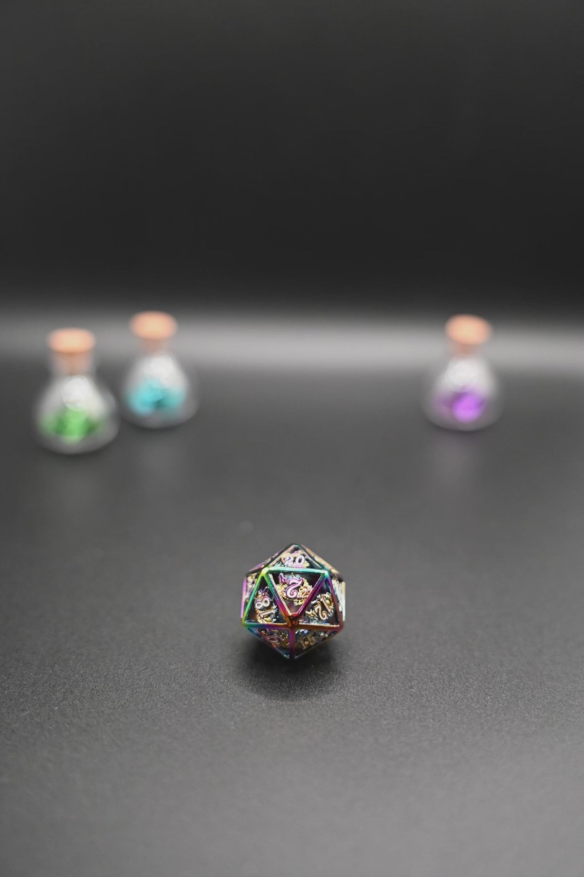 Hollow Dragon Polyhedral Dice Set Filled With Gems - Rainbow